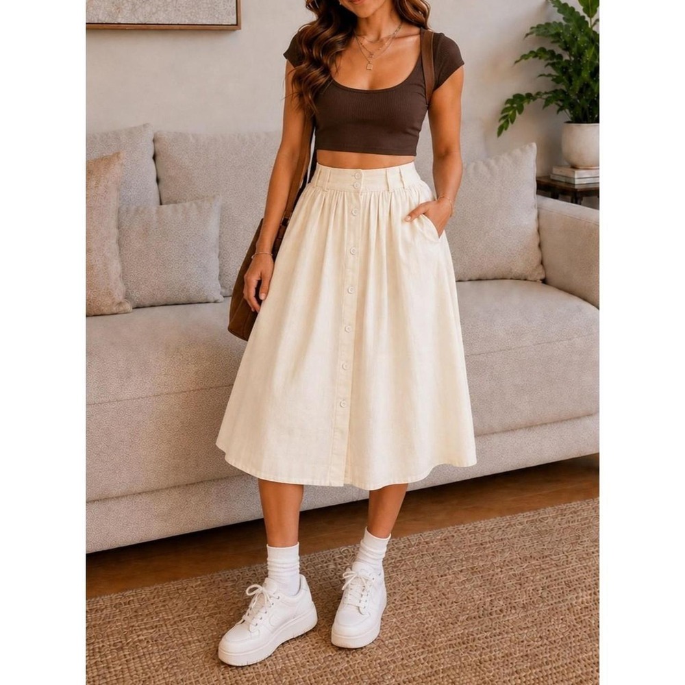 Briggs New York Cream Button Front Midi Skirt High Waist Pockets Size 10